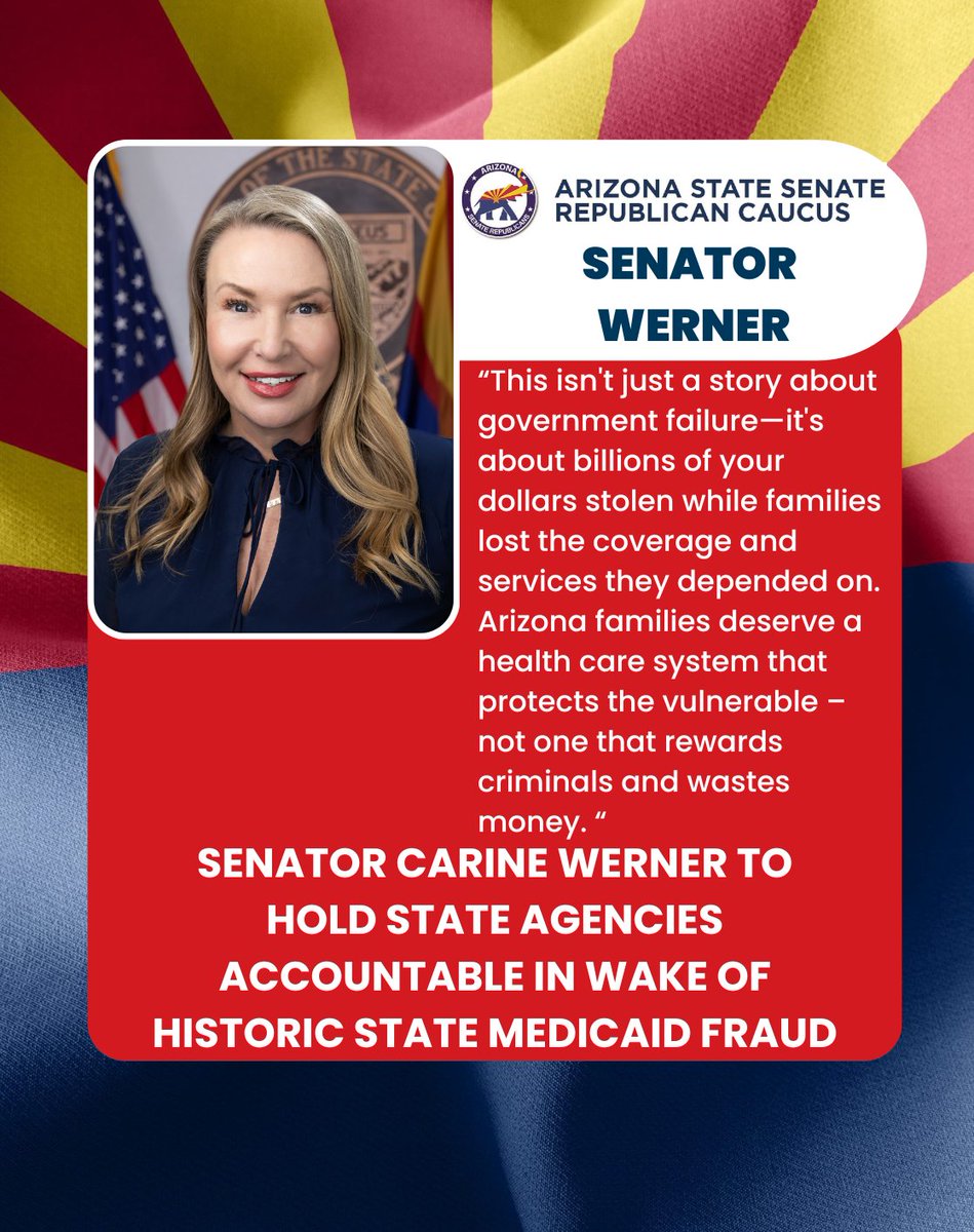 AZSenateGOP's tweet image. 🚨FOR IMMEDIATE RELEASE: Senator @CarineWerner to Hold State Agencies Accountable in Wake of Historic State Medicaid Fraud

Watch Wednesday at 1pm: azleg.gov/liveproceeding…