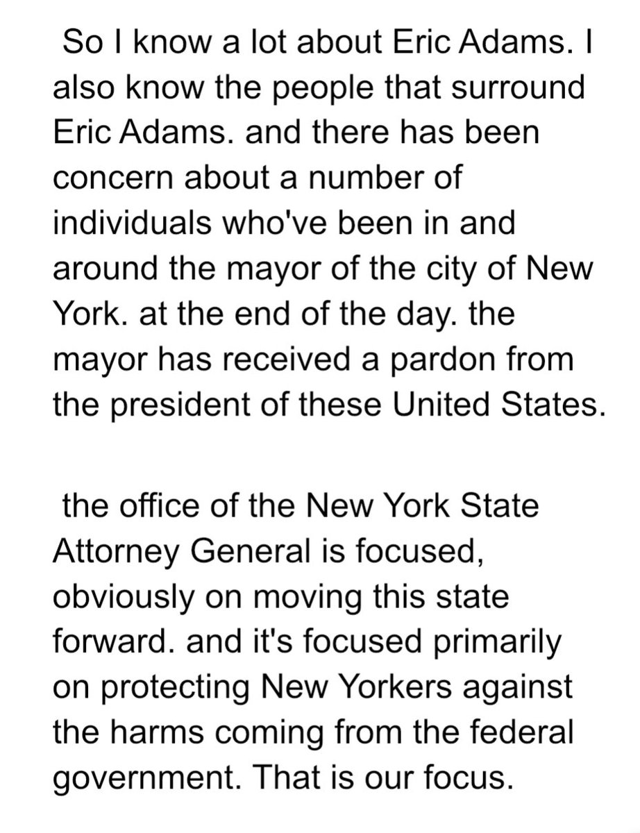 Harry Siegel (@harrysiegel) on Twitter photo Transcript of Tish James strongly suggesting her office has no interest in picking up any of the cases against Adams and his inner circle that Trump had the feds drop thecity.nyc/2025/09/30/let… Transcript of Tish James strongly suggesting her office has no interest in picking up any of the cases against Adams and his inner circle that Trump had the feds drop thecity.nyc/2025/09/30/let…