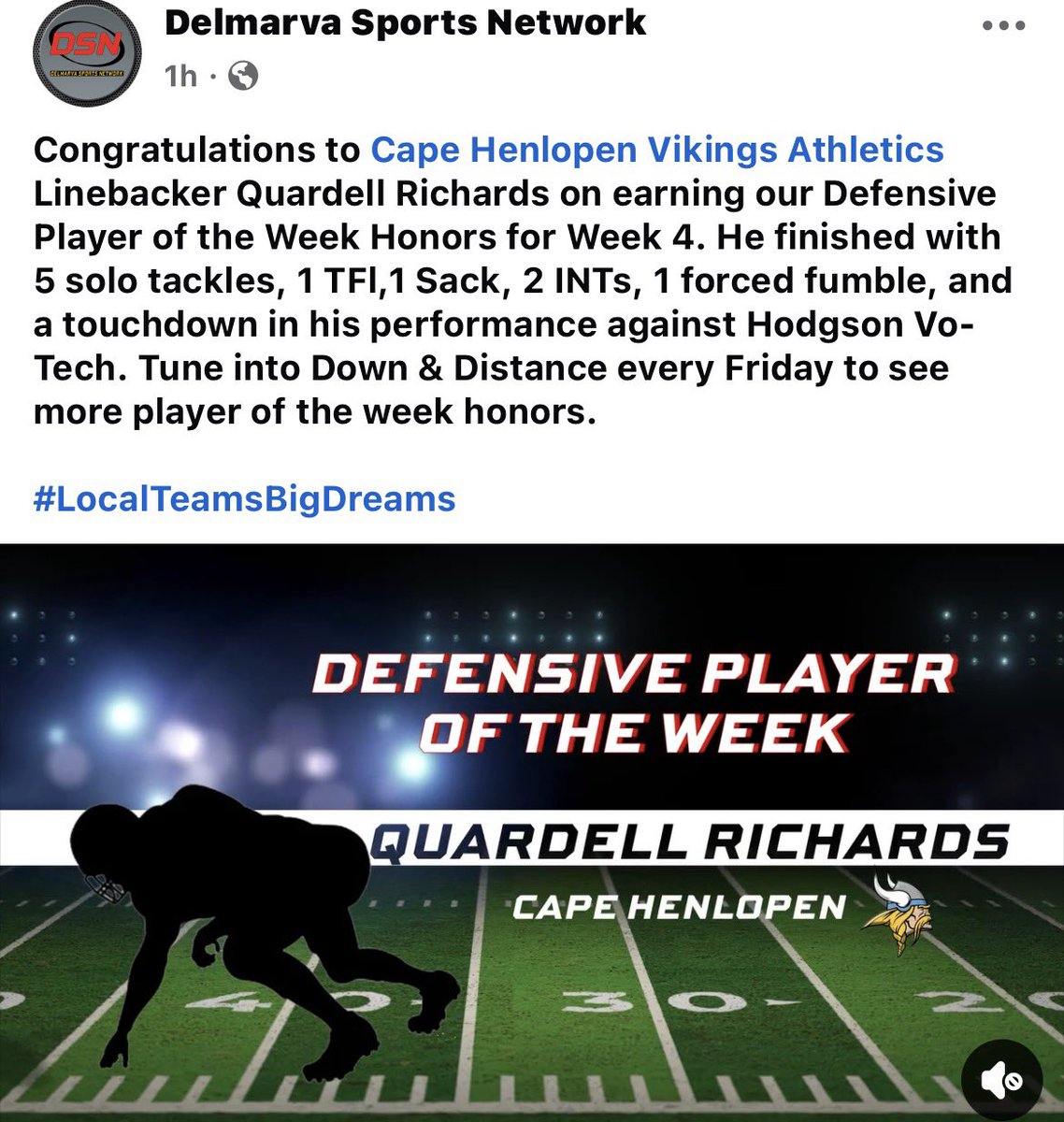 Defensive Player of the week across Delaware 
5 solo tackles 
1 TFL
1 sack 
2 INT’s / Pick 6 
1 forced fumble 
1 TD
 #linebacker #CollegeFootball <a href="/CoachGoldrich/">Sean Goldrich</a> <a href="/fredhoos/">Fredhoos</a>