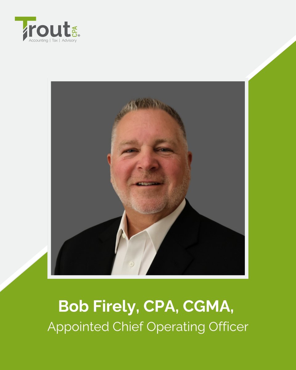 Trout CPA is excited to announce the appointment of Robert (Bob) Firely, CPA, CGMA, to Chief Operating Officer (COO). 

Read more at: bit.ly/4mGLIl6

#TroutCPALife #Promotion #COO #PublicAccounting #Advisory