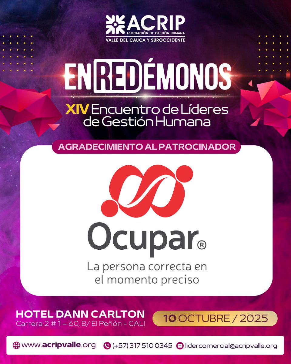 En ENREDÉMONOS 2025, agradecemos a Ocupar por sumarse como aliado estratégico en este espacio que conecta a los líderes más influyentes de la gestión humana en el Valle y el Suroccidente.

🌐 Descubre más: acripvalle.org/enredemonos-14

🌐 acripvalle.org