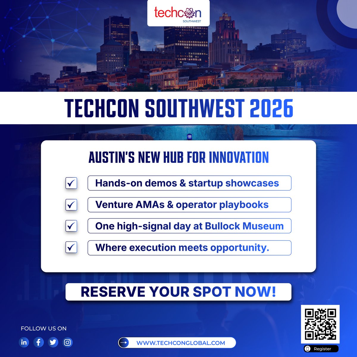 TechCon_Global's tweet image. 🚀 Austin’s hub for innovation is here!
Join TechCon Southwest 2026 on Feb 12-13 at the Bullock Museum for startup showcases, venture AMAs, demos & high-impact networking.
👉 Be there. Be seen. Be the future.
Register: techconglobal.com
#TechConSouthwest2026 #AustinTech…