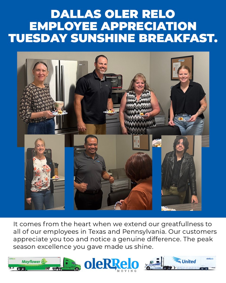 oleRReloGroup's tweet photo. It was a happy morning in Dallas today. Breakfast was served to those that tirelessly served our customers throughout Oler Relo's peak season. Our employees are our sunshine! https://t.co/5B3Qp8Jaaa