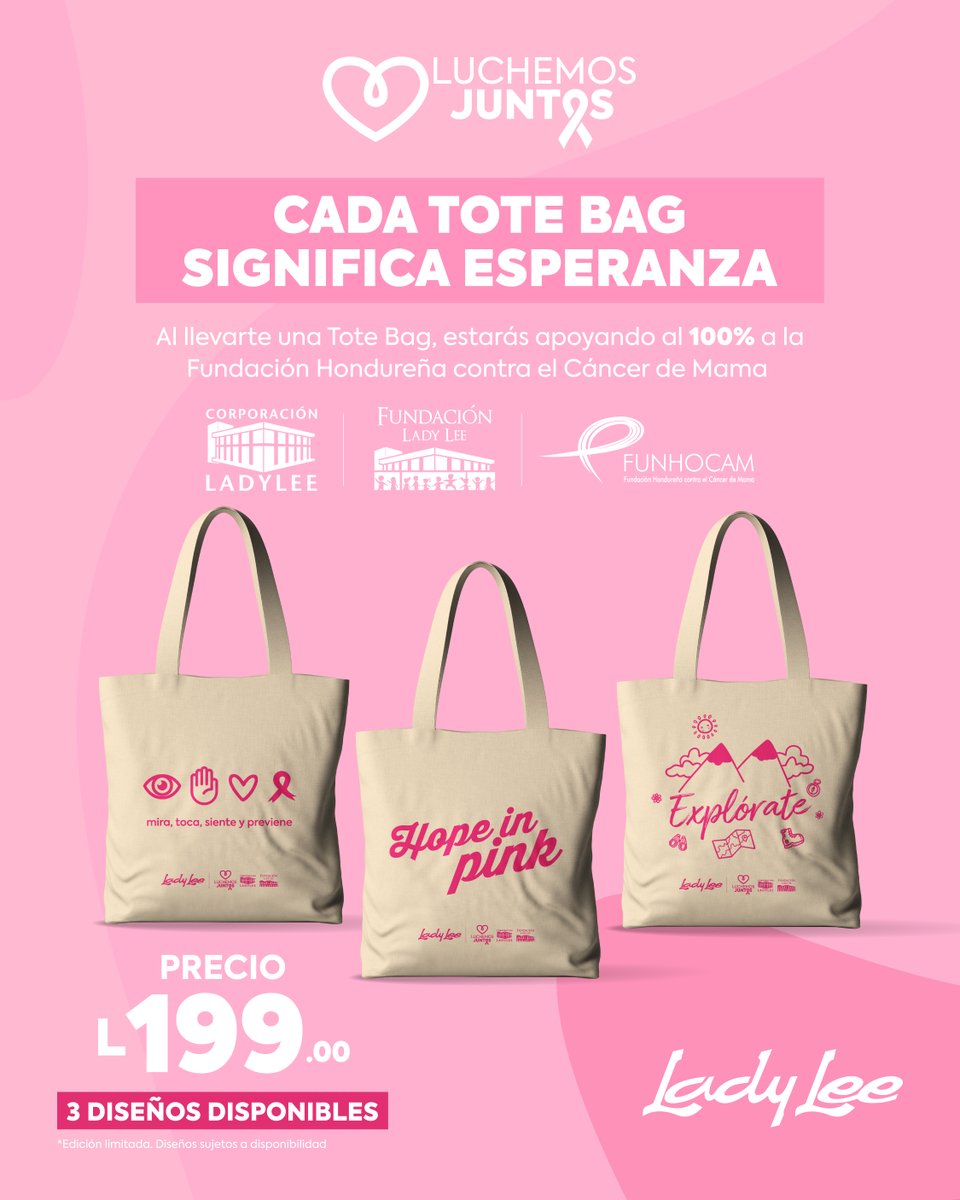 LadyLeeHND's tweet photo. Tu Tote Bag, tu apoyo 💗.  Disponibles en 3 diseños, perfectas para acompañarte todos los días, Al llevarte una, apoyas al 100% a la Fundación Hondureña Contra el Cáncer de Mama✨

👉Consigue la tuya por L199 y sé parte de esta gran causa.

#LadyLee #TodoParaMiHogar #Honduras https://t.co/gFlZ2UzNTN