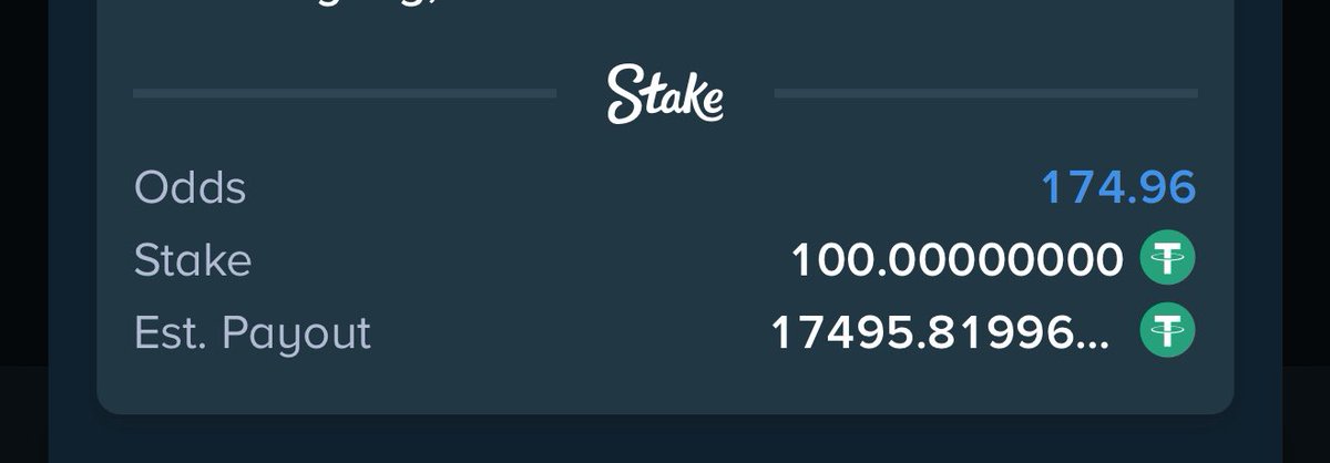Tuesday Stake tips 

10 odds stake.com/sports/home?be…

307 odds stake.com/sports/home?be…

135 odds stake.com/sports/home?be…

175 odds stake.com/sports/home?be…

REGISTER A STAKE ACCOUNT VIA LINK stake.com/?c=f213c5ba25&…

Use Promo code banks for weekly airdrops and bonuses 

Dm
