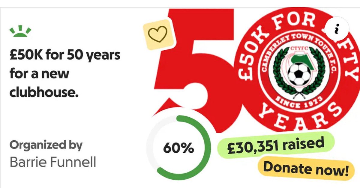 CTYFC (@ctyfc1973) on Twitter photo In 2023 in our 50th season, our Chairman Barrie  <a href="/CTYFCChairman/">Barrie Funnell</a> launched a “50K for 50 Years “ gofundme page, to raise funds to help replace our aging clubhouse, located at South Camberley School. 
 We have now reached over £30K! Still a way to go….
gofund.me/634b16358 In 2023 in our 50th season, our Chairman Barrie  <a href="/CTYFCChairman/">Barrie Funnell</a> launched a “50K for 50 Years “ gofundme page, to raise funds to help replace our aging clubhouse, located at South Camberley School. 
 We have now reached over £30K! Still a way to go….
gofund.me/634b16358