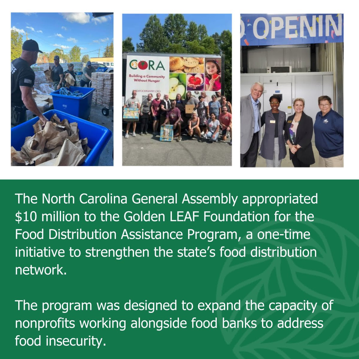 🍎Food Distribution Assistance Program🍎
The North Carolina General Assembly appropriated $10 million to the Golden LEAF Foundation for the Food Distribution Assistance Program, a one-time initiative to strengthen the state's food distribution network.
goldenleaf.org/golden-leaf-fo…