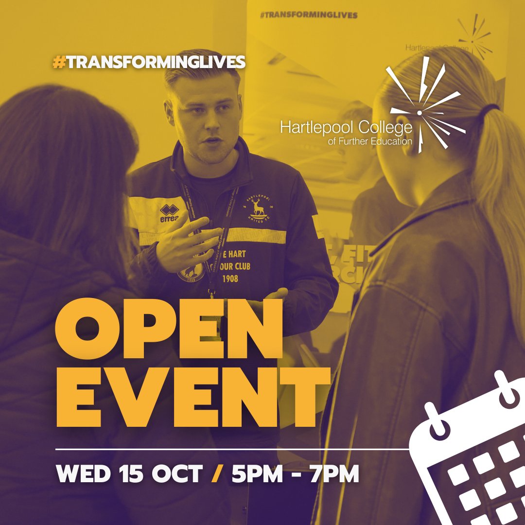 hartlepoolfe's tweet photo. Our next Open Event is on Wed 15th Oct, 5–7pm.

• Explore courses
• Meet staff &amp; students
• Get expert advice

Join us: https://t.co/GkENFsiBOD

#TranformingLives #HCFEOpenEvents https://t.co/wM1x4MKQVE