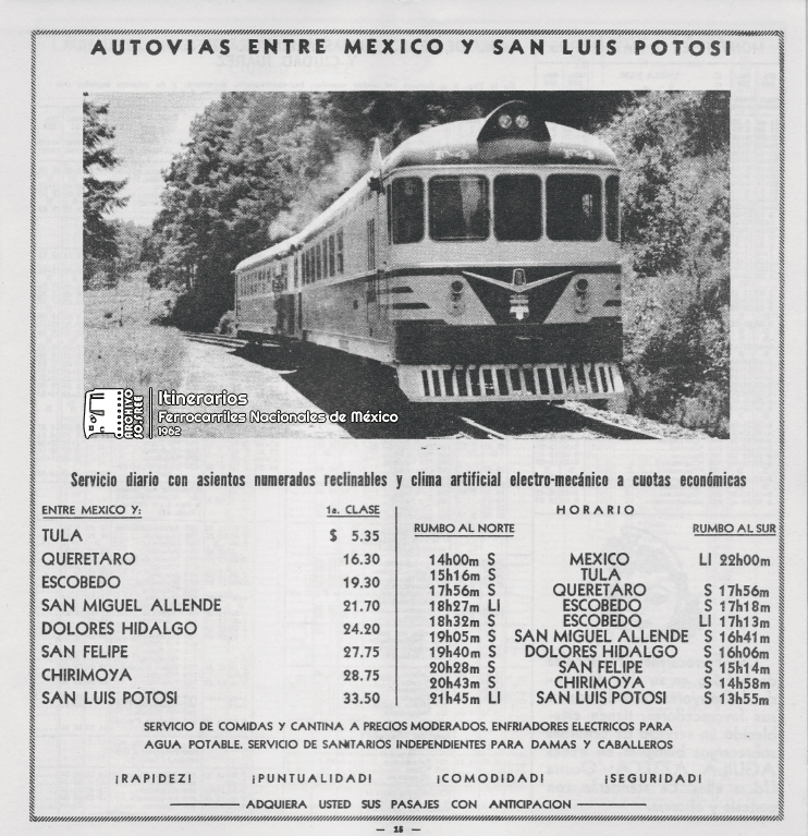ArchivoSofree's tweet photo. Excelente martes!
Itinerarios entre la Ciudad de México y San Luis Potosí (Ferrocarriles Nacionales de México-1962).
#FNM #NdeM #trenesenmexico https://t.co/uwOQSCp2KC
