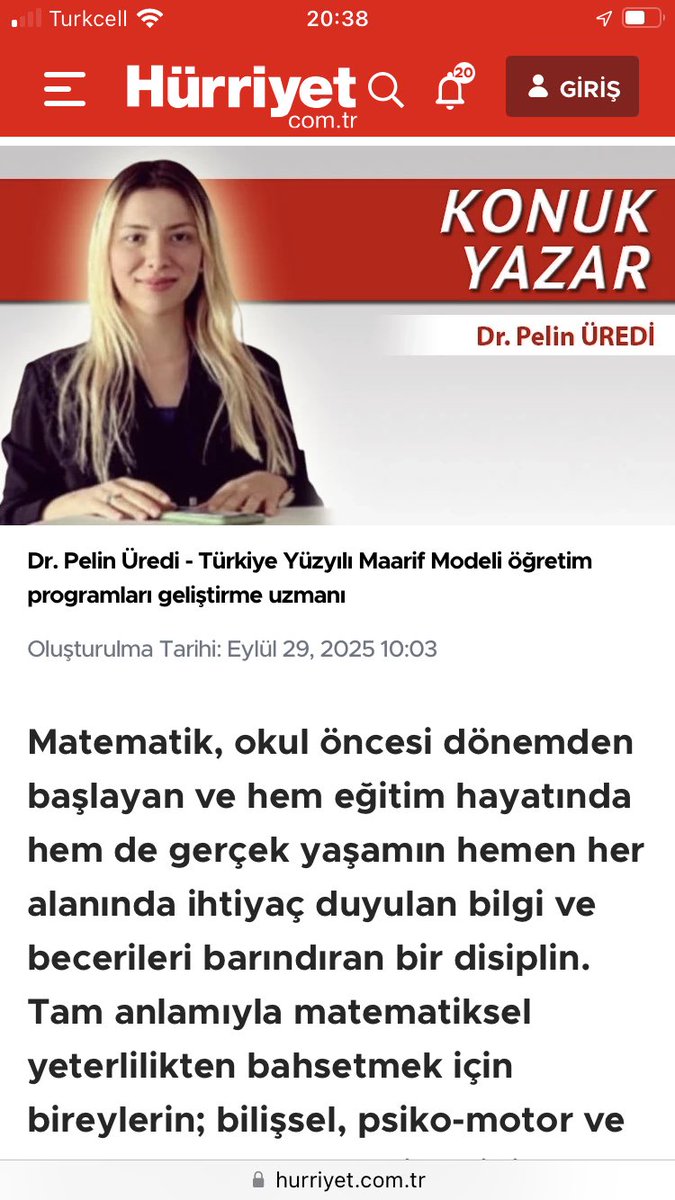 Matematiksel düşünme ve korkuyu yenme başarının artmasında kilit role sahiptir. 
Eşim Dr. Pelin Üredi’nin matematik kaygısı ve matematik başarısı üzerine hazırladığı yazısına aşağıdaki Hürriyet gazetesi linkinden ulaşabilirsiniz: hurriyet.com.tr/egitim/matemat…