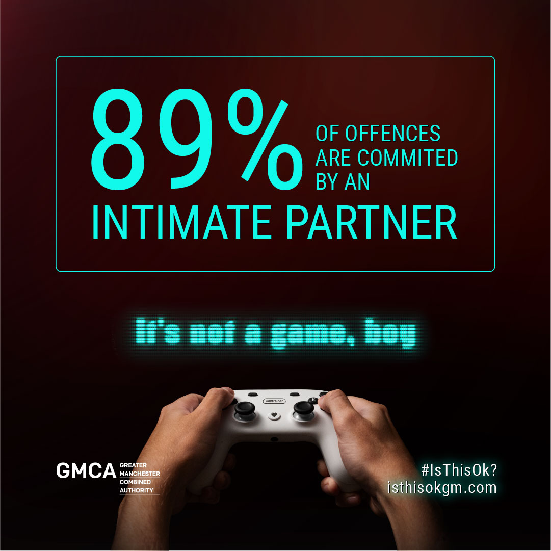 IsThisOkGM's tweet photo. It’s estimated that 89% of recorded coercive and controlling offences in Greater Manchester are committed by an intimate partner. 

Check in on your family, friends and colleagues. #IsThisOk?

For more information, or if you need support, visit: https://t.co/qE1nnHxlLX https://t.co/nT9eM4hQhC