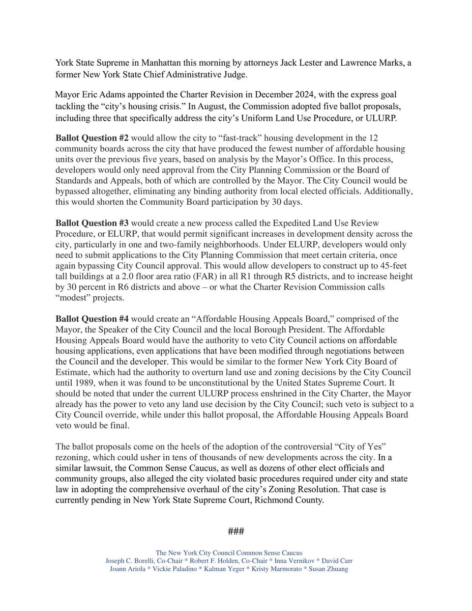 Joann Ariola NYC Council District 32 (@joannariola32) on Twitter photo Today, as Co-Chair of <a href="/NYCCCommonSense/">NYC Council Common Sense Caucus</a>, I joined my colleagues, civic groups, and community leaders in filing a lawsuit to stop ballot proposals that would radically change the cityβs land use process and cut local voices out of the equation.
The Charter Revision Commission Today, as Co-Chair of <a href="/NYCCCommonSense/">NYC Council Common Sense Caucus</a>, I joined my colleagues, civic groups, and community leaders in filing a lawsuit to stop ballot proposals that would radically change the cityβs land use process and cut local voices out of the equation.
The Charter Revision Commission