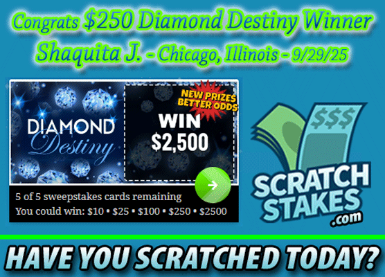 scratchstakes's tweet image. 🥳Congrats! $250 Diamond Destiny #Winner Shaquita J. - Chicago, Illinois - 9/29/25!

🤑Play 80 FREE #scratchoff #games, #win FREE Instant Cash up to $25,000!
🤔Have you scratched today?
👉 ow.ly/rcc250X4lQR