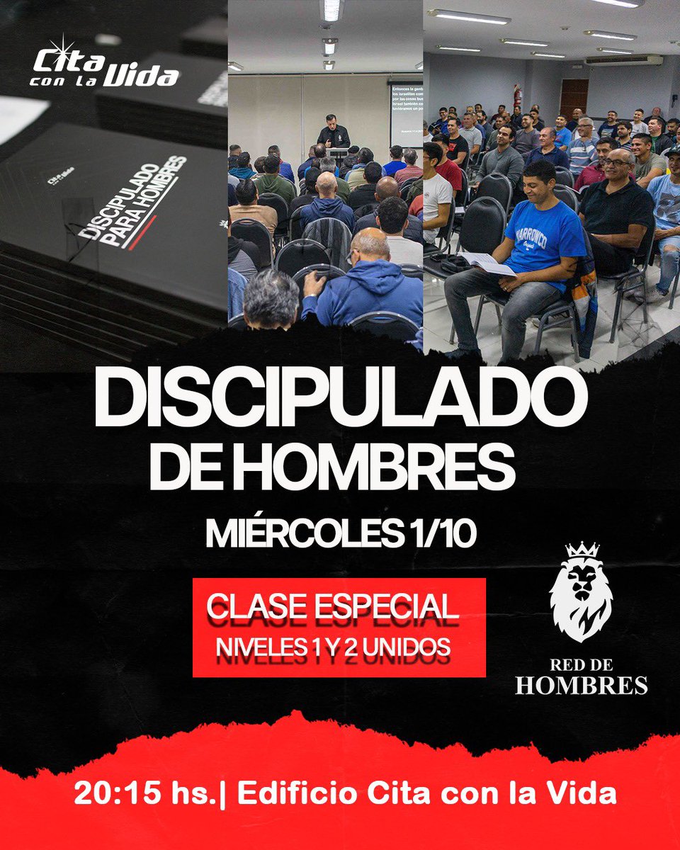 Nos preparamos con muchas expectativas para este miércoles 1 de octubre, comenzamos el mes con fe y preparándonos en nuestro Discipulado de hombres. 🙌🏻

✅ Tendremos una *Clase Especial Unida* para los dos niveles, comenzando a las 
👉🏻 20:15 hs.

¡Los esperamos!😃