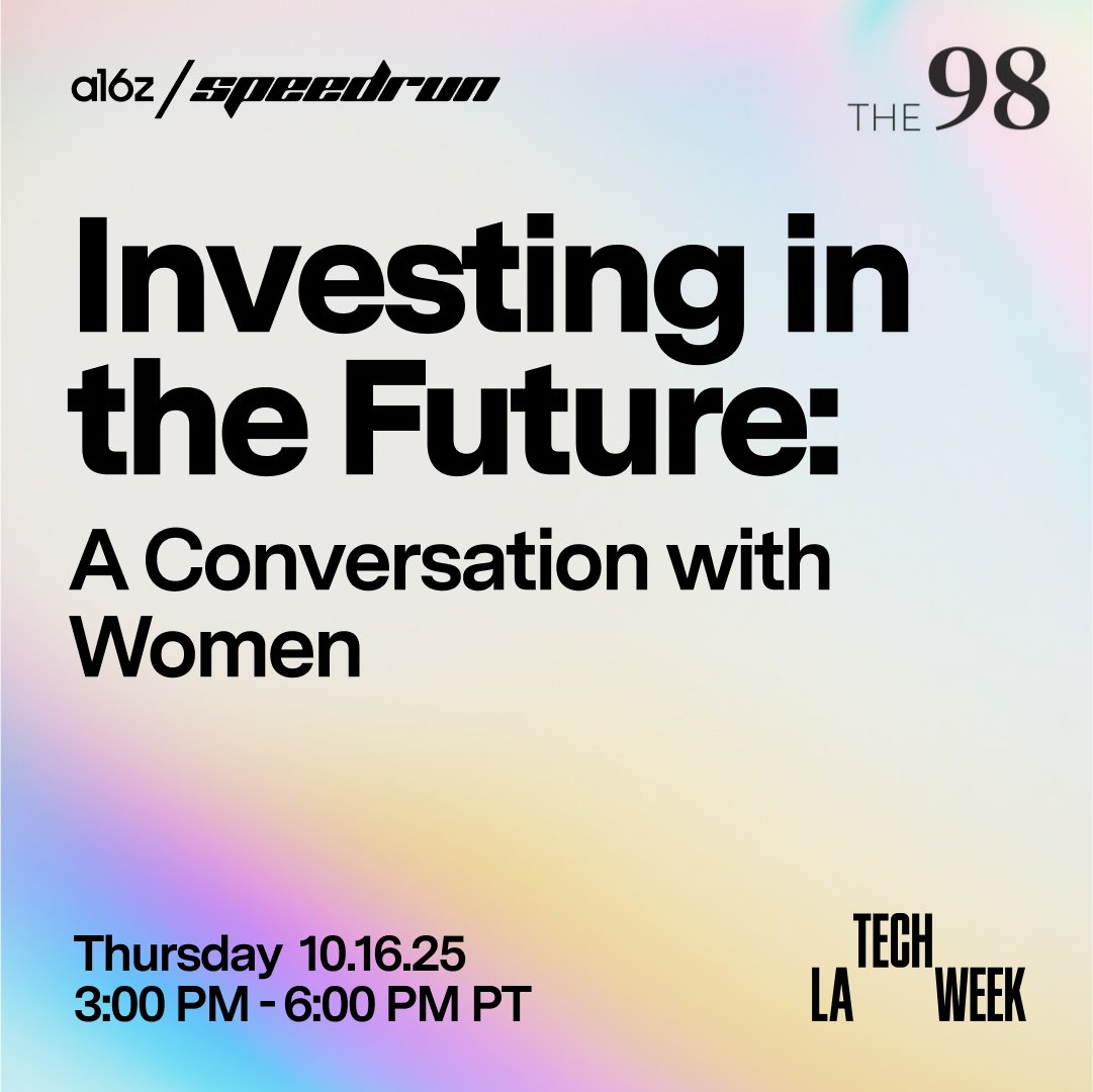 So excited to be co-hosting this event with <a href="/speedrun/">a16z speedrun 🧊</a> x The 98.

This will be a panel about the founding and fundraising journey with some of our brightest founders:
✨ <a href="/gurunandinisays/">Dini Mullaji</a> - cofounder of <a href="/joinsitch/">Sitch Matchmaking</a> 
✨ <a href="/madelinehpark/">Madeline Park</a>  - cofounder of Vega
✨ Katherine Sizov - founder