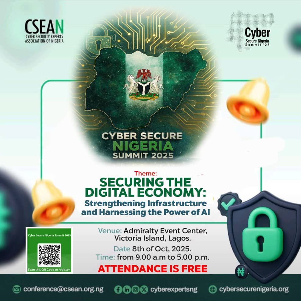 cyberexpertsng's tweet image. Cyber Secure Nigeria Summit 2025

The Cyber Security Experts Association of Nigeria (CSEAN) invites you to the biggest gathering of cybersecurity leaders, experts, innovators, and stakeholders.

Theme: Securing the Digital Economy: Strengthening Infrastructure and Harnessing the…