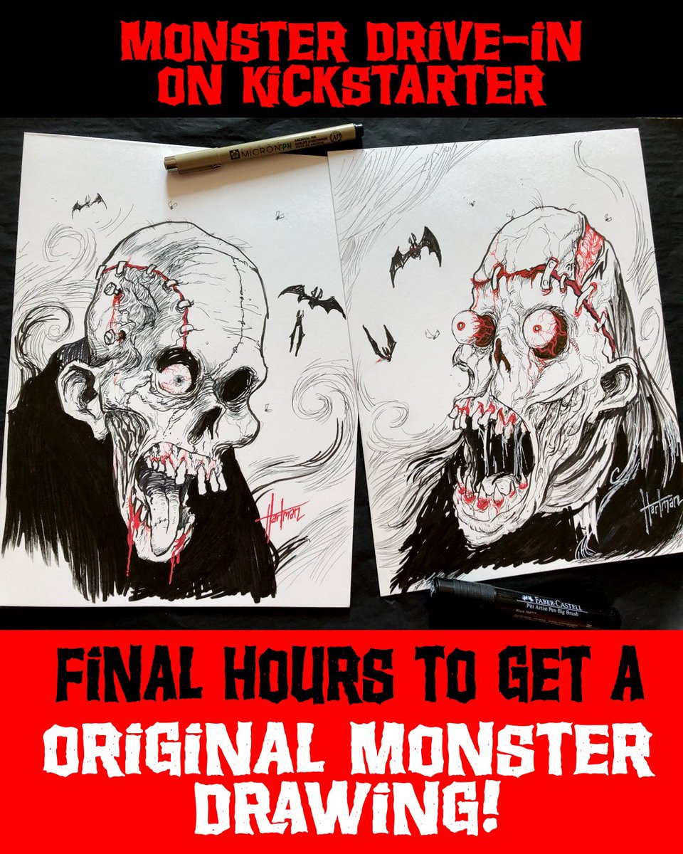 We are in the final hours and your last chance to reserve an original 9x12 monster drawing created with archival inks on Bristol board. These are one of a kind, each one different, and only available in the "final reel" reward tier on the MONSTER DRIVE-IN KICKSTARTER campaign.