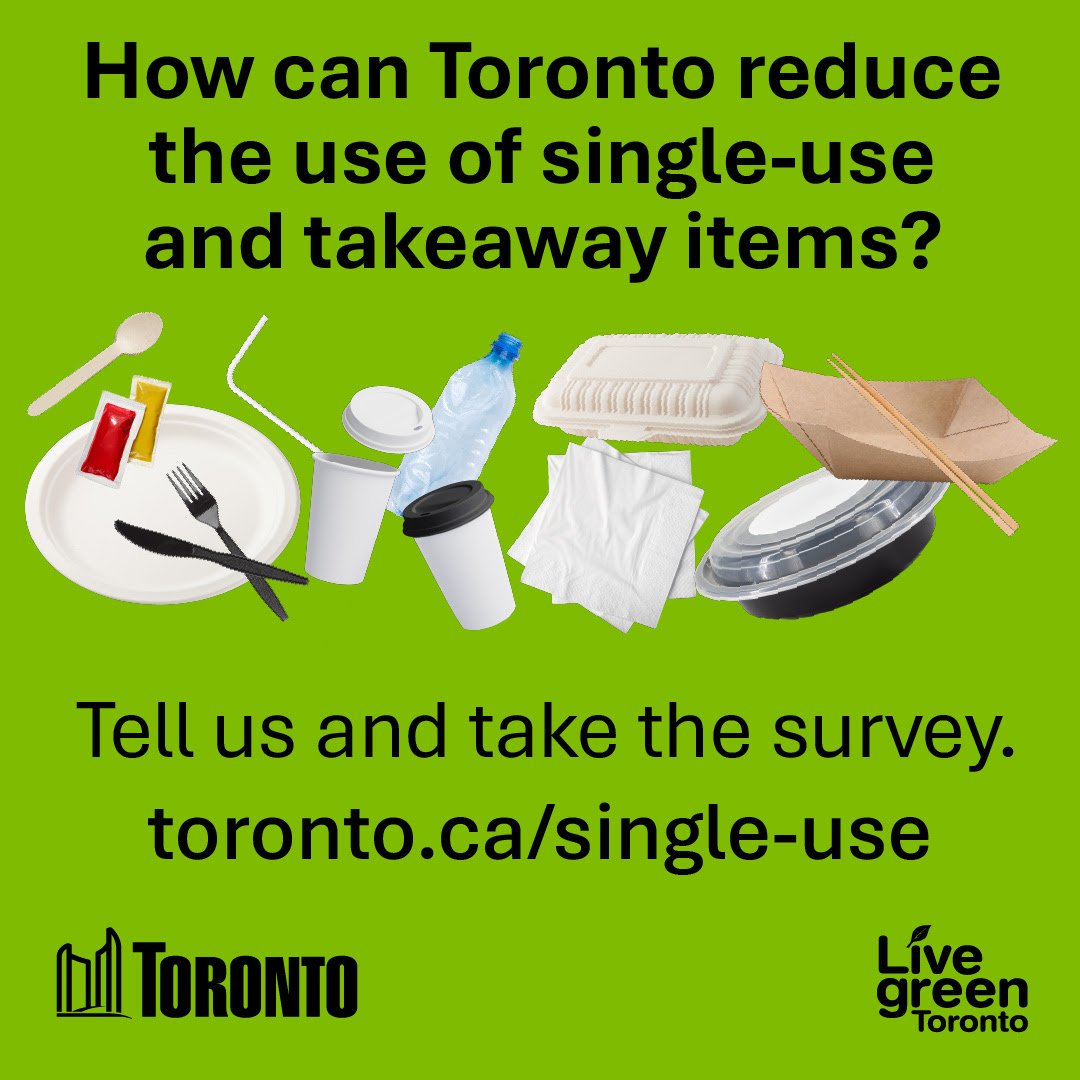 Let the City of Toronto know your thoughts about new measures to reduce single-use and takeaway items, such as requiring reusable cups and food containers for dine-in service and requirements for event venues and events. The survey is open until Oct 16th: ca.mar.medallia.com/?e=471709&d=l&…