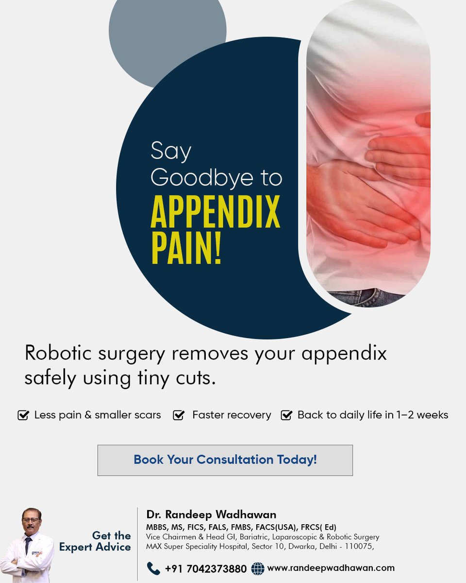 randeepwadhwan's tweet image. Bye-bye appendix pain 👋
✅ Tiny cuts
✅ Fast recovery
✅ Back to life in 1–2 weeks!

Book with Dr. Randeep Wadhawan today 👨‍⚕️
📞 +91 7042373880

#AppendixPain #RoboticSurgery #Health