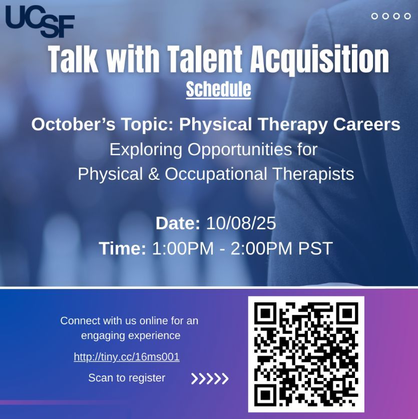 UCSFCareers's tweet photo. 📢 Physical Therapists &amp; Occupational Therapists — Let’s Talk Careers!
UCSF Health is hosting a virtual Talk with Talent Acquisition session to discuss opportunities in PT and OT at one of the nation’s top medical centers.
📍 Register Now:  https://t.co/EoVbJv8ZaQ https://t.co/Q2pTgu0gM1