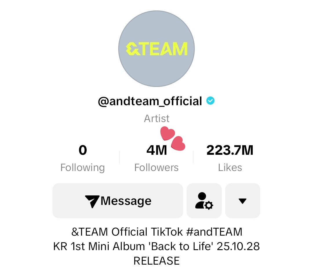 La cuenta oficial de TikTok de &amp;TEAM ya tiene más de *4 millones* de seguidores. 👏

🔗tiktok.com/@andteam_offic…

#andTEAM #앤팀