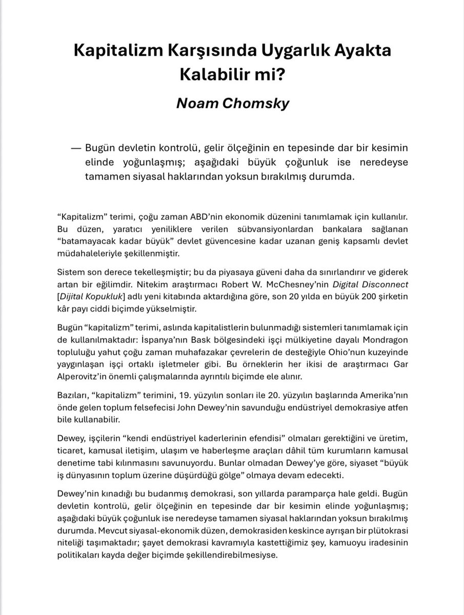 Noam Chomsky’nin kapitalist yıkım üzerine olan bir metnini çevirdim.

Tamamı için PDF Link: drive.google.com/file/d/1rf4A8v…