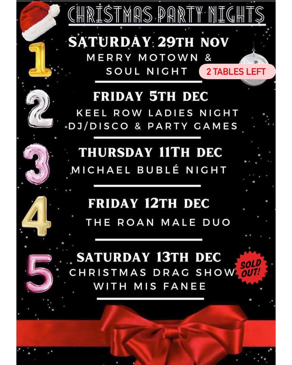 Update on Xmas party nights! 🎄 … limited availability now get in quick! 

£35 p.p which includes your 3 course meal &amp; live entertainment 🥂  🥳

Call 0191 237 0060 to book before we are full! ☎️