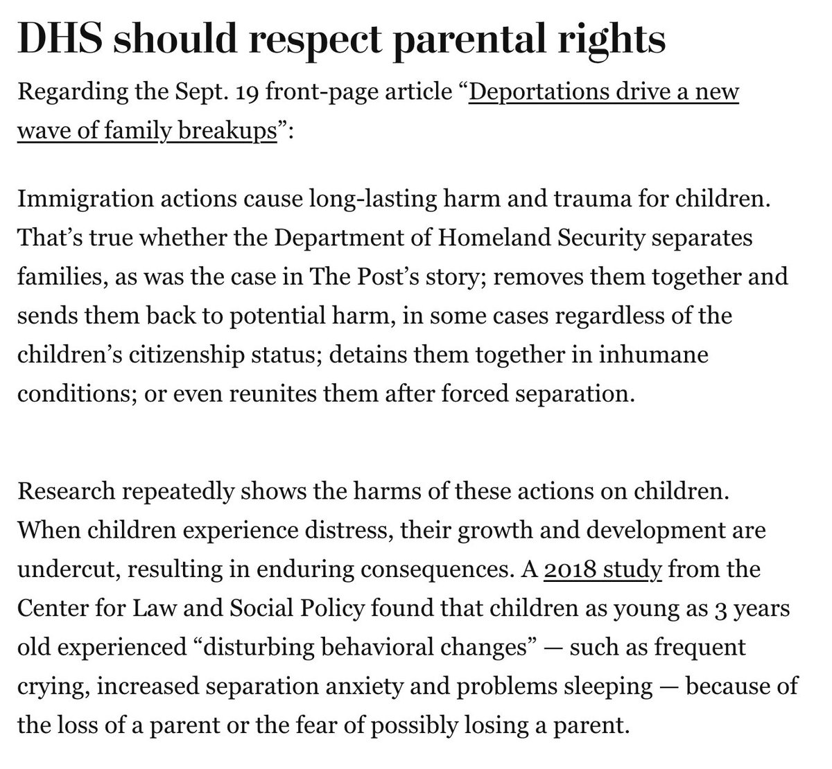 LetKidsThrive's tweet image. CTAN's own @WendyDC5 at @CLASP_DC writes in @PostOpinions: Immigration actions harm kids. DHS has a responsibility to preserve the rights of parents, no matter who is in the White House. #PostLetters