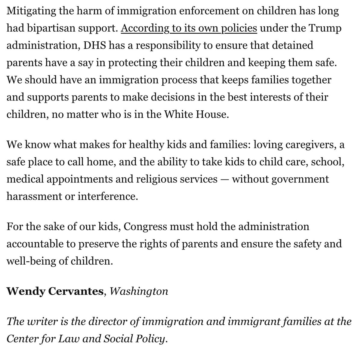 LetKidsThrive's tweet image. CTAN's own @WendyDC5 at @CLASP_DC writes in @PostOpinions: Immigration actions harm kids. DHS has a responsibility to preserve the rights of parents, no matter who is in the White House. #PostLetters