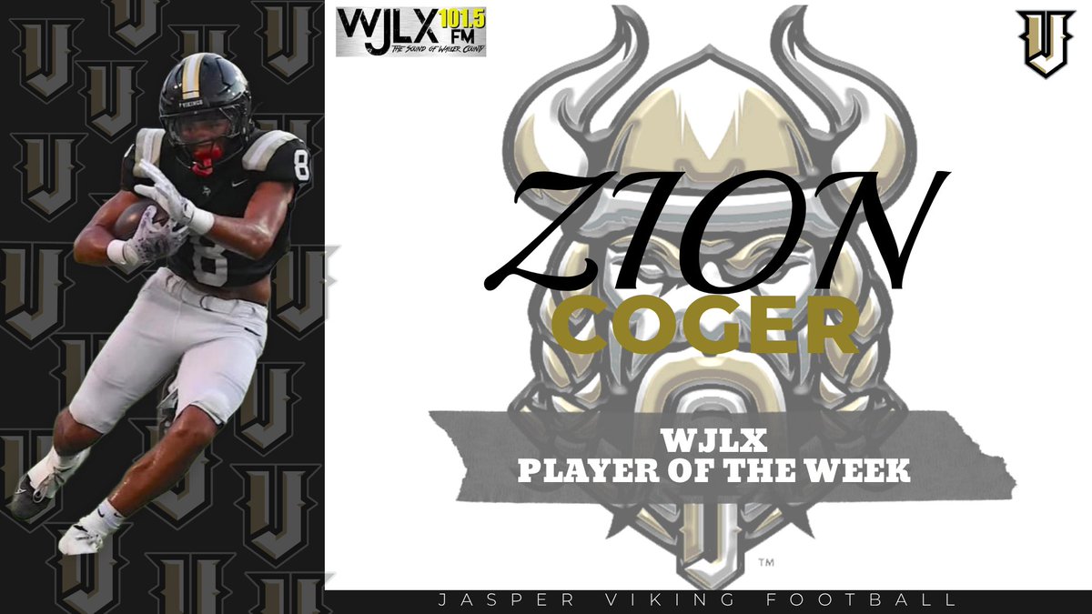 Congratulations to our Soph Corner and Runningback Zion Coger for being the WJLX Player of the Week!! Zion had a gang of tackles on defense along with 2 rushing TDs in Friday night's victory over Dora. 
Great Job Zion🖤💛⚔️
#JHS #VikingFootball #WJLX #POTW #ZionCoger