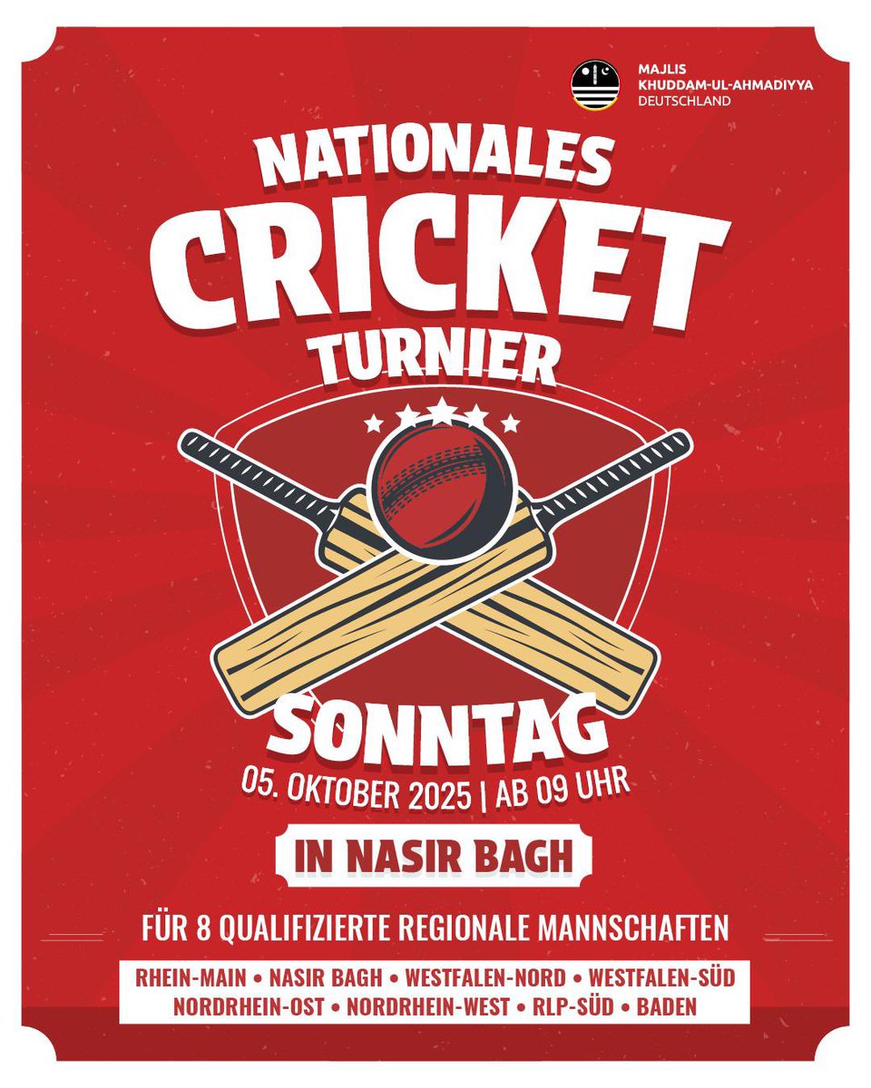 🏏 Cricketfans aufgepasst: In Nasir Bagh treten acht regionale Mannschaften beim nationalen Turnier gegeneinander an. Spannung ist garantiert!

ℹ️ Sonntag, 5. Oktober 2025, ab 09:00 Uhr.

🙌 Sei dabei und genieße spannende Matches und tolle Stimmung.