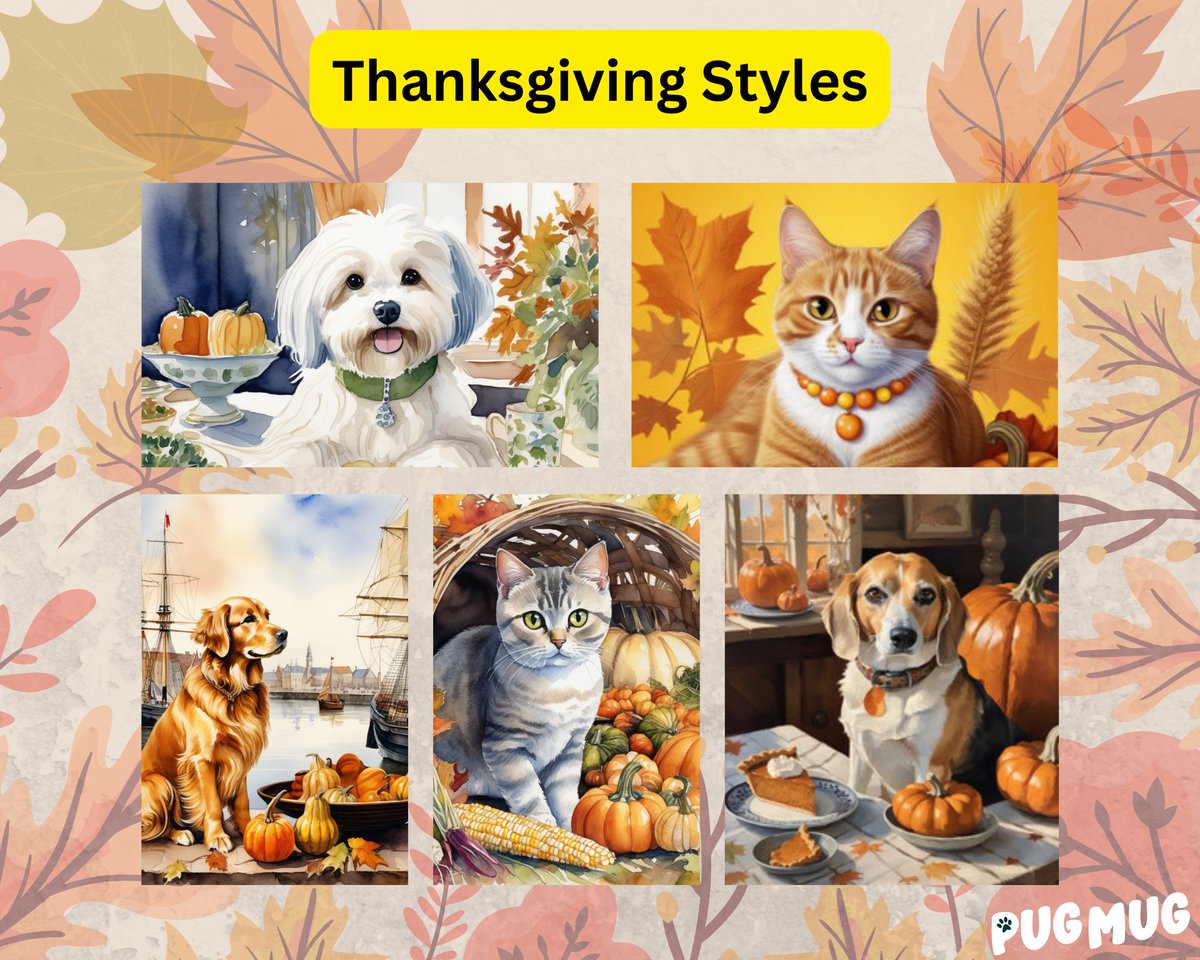 pugmugai's tweet photo. Want more fall vibes? We've released our Thanksgiving style pack early this year! 🌾

Whether you want to see your pet enjoying pumpkin pie, boarding the Mayflower, or collecting the harvest, we have the perfect style for you.

https://t.co/qmyST2MHqc

P.S. Already collected all our styles last year? Stay tuned for brand new style packs for the holidays, coming next month!

#pugmugai #thanksgiving #thanksgivingart #thanksgivingpets
