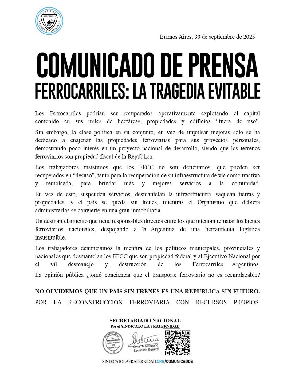 COMUNICADO DE PRENSA

FERROCARRILES: LA TRAGEDIA EVITABLE
