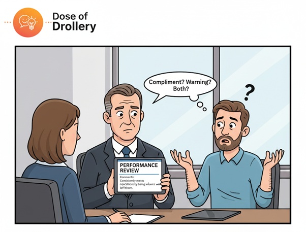 Dose_Decorum's tweet image. Daily Dose of Drollery

My boss gave me a performance review that said, "Consistently meets expectations by being exactly where we left them."
I think it's a compliment? Or a warning. Probably both.

#PerformanceReview #CareerHumor #Management