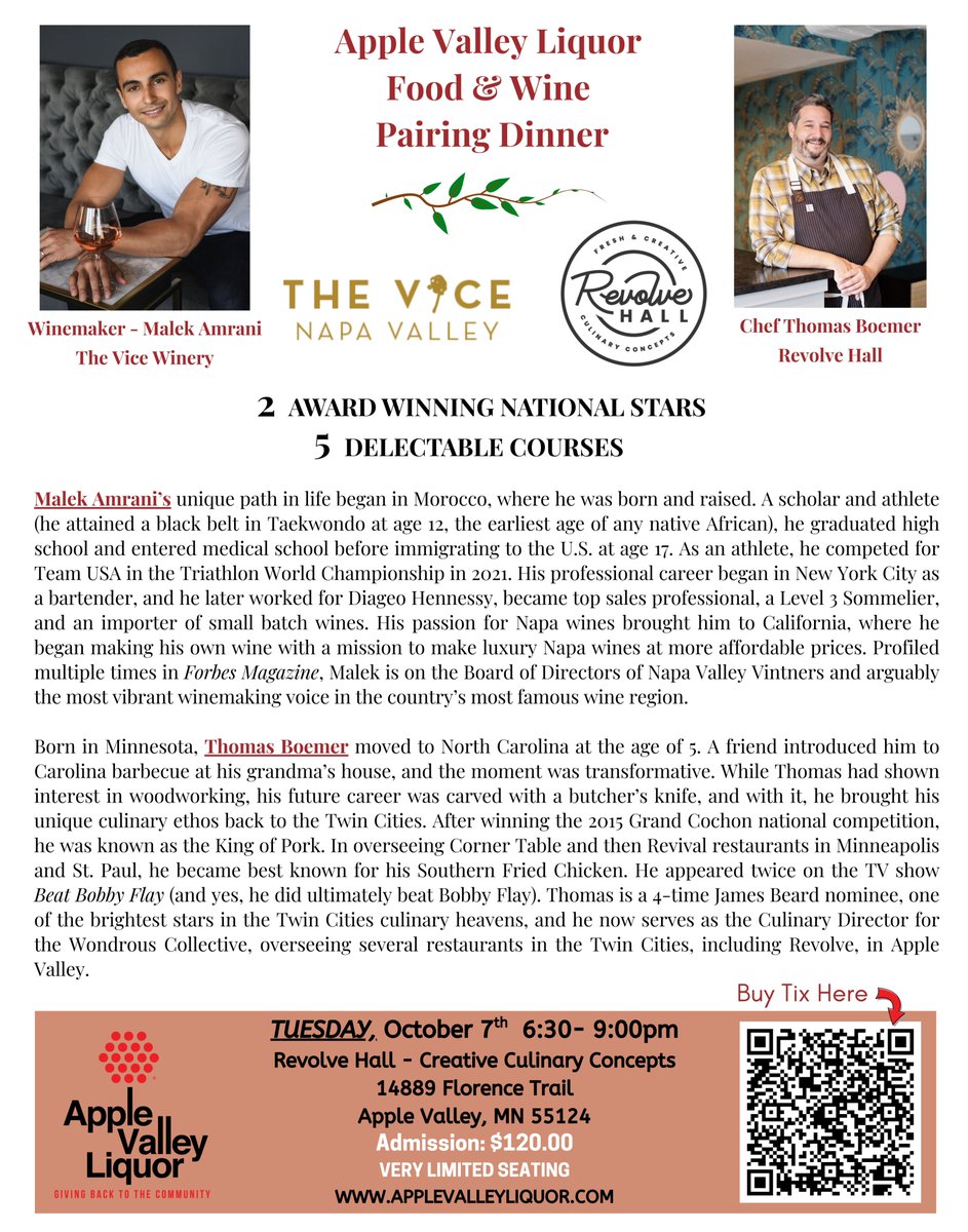 Hurry, there are still a few tickets left!
You won't want to miss this Fine Wine &amp; Culinary Celebrity Event!

Food &amp; Wine Pairing Dinner - Chef &amp; Vice Winery - Apple Valley Liquor Apple Valley MN