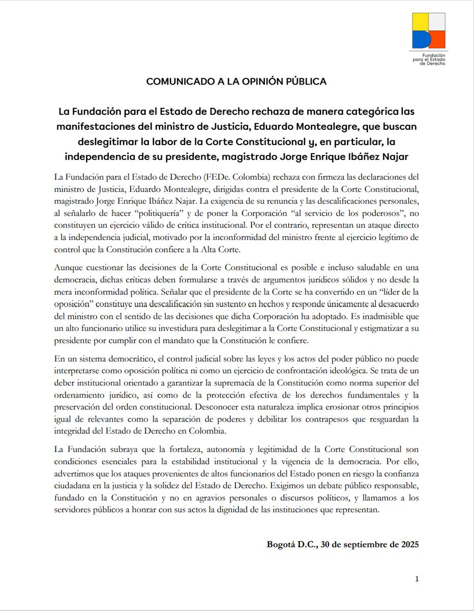 🗣️Comunicado | <a href="/FEDe_Colombia_/">FEDe. Colombia</a> rechaza de manera categórica las manifestaciones del ministro de Justicia <a href="/MinjusticiaCo/">MinJusticia Colombia</a>, Eduardo Montealegre, que buscan deslegitimar la labor de la Corte Constitucional y, en particular, la independencia de su presidente, magistrado Jorge Enrique