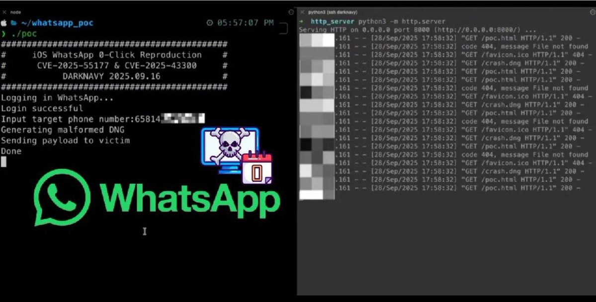 HackingTeam777's tweet image. 🕵♂WhatsApp: 0-Click RCE por DNG malicioso
• Investigadores publicaron PoC que combina dos vulnerabilidades (CVE-2025-55177 y CVE-2025-43300) permitiendo ejecución remota sin interacción en iOS/macOS/iPadOS.
• El exploit se entrega mediante un archivo DNG malformado enviado…