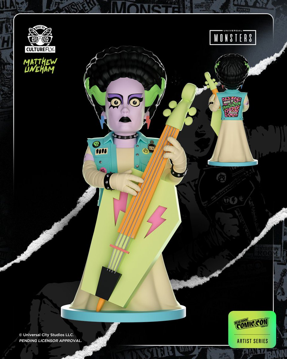 She's here! 🎸 The third Monster Mosh member is revealed! Lightning strikes as The Bride Of Frankenstein plugs in her stand up coffin and plays bone rattling bass-lines that’ll make the whole graveyard riot!  Stop by NYCC booth 2743 to see our newest Artist Collab designed by