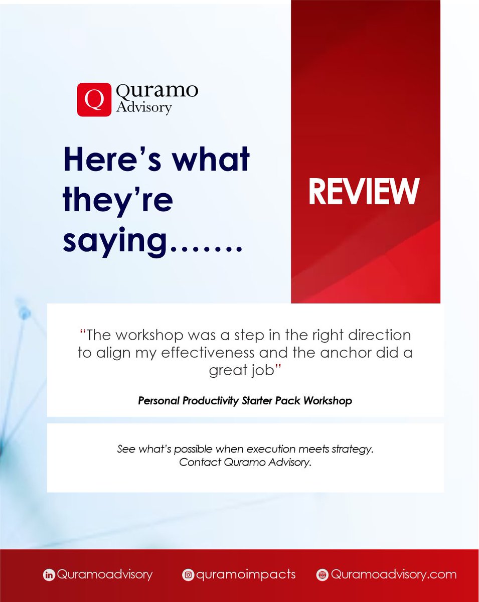 Qlearning_'s tweet photo. Strong strategies deserve strong execution. At Quramo Advisory, we help organizations close the gap between planning and performance and our clients’ testimonials speak to that impact.

Let’s work together to transform your strategy into results.
#QuramoAdvisory #ExecutionMatters https://t.co/YR8meBiM92