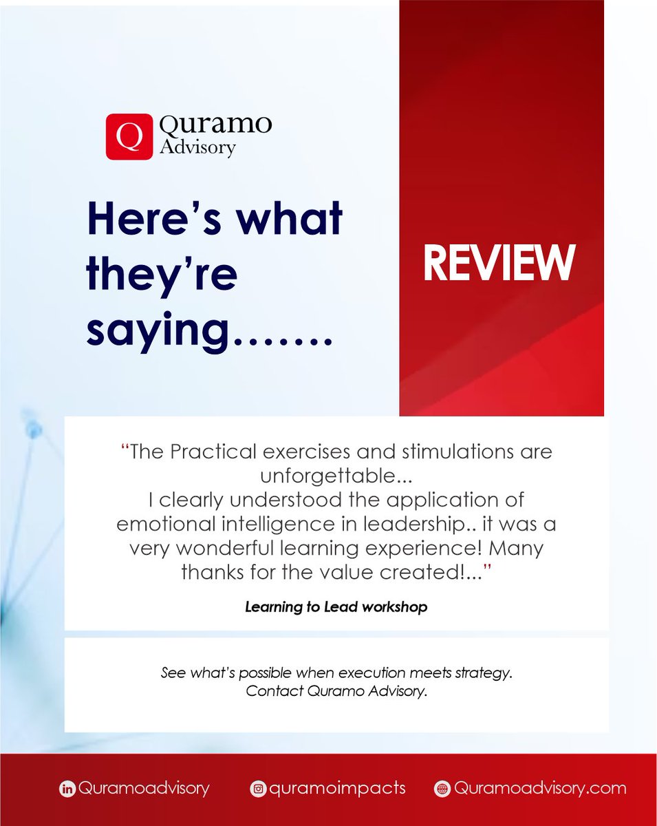 Qlearning_'s tweet photo. Strong strategies deserve strong execution. At Quramo Advisory, we help organizations close the gap between planning and performance and our clients’ testimonials speak to that impact.

Let’s work together to transform your strategy into results.
#QuramoAdvisory #ExecutionMatters https://t.co/YR8meBiM92