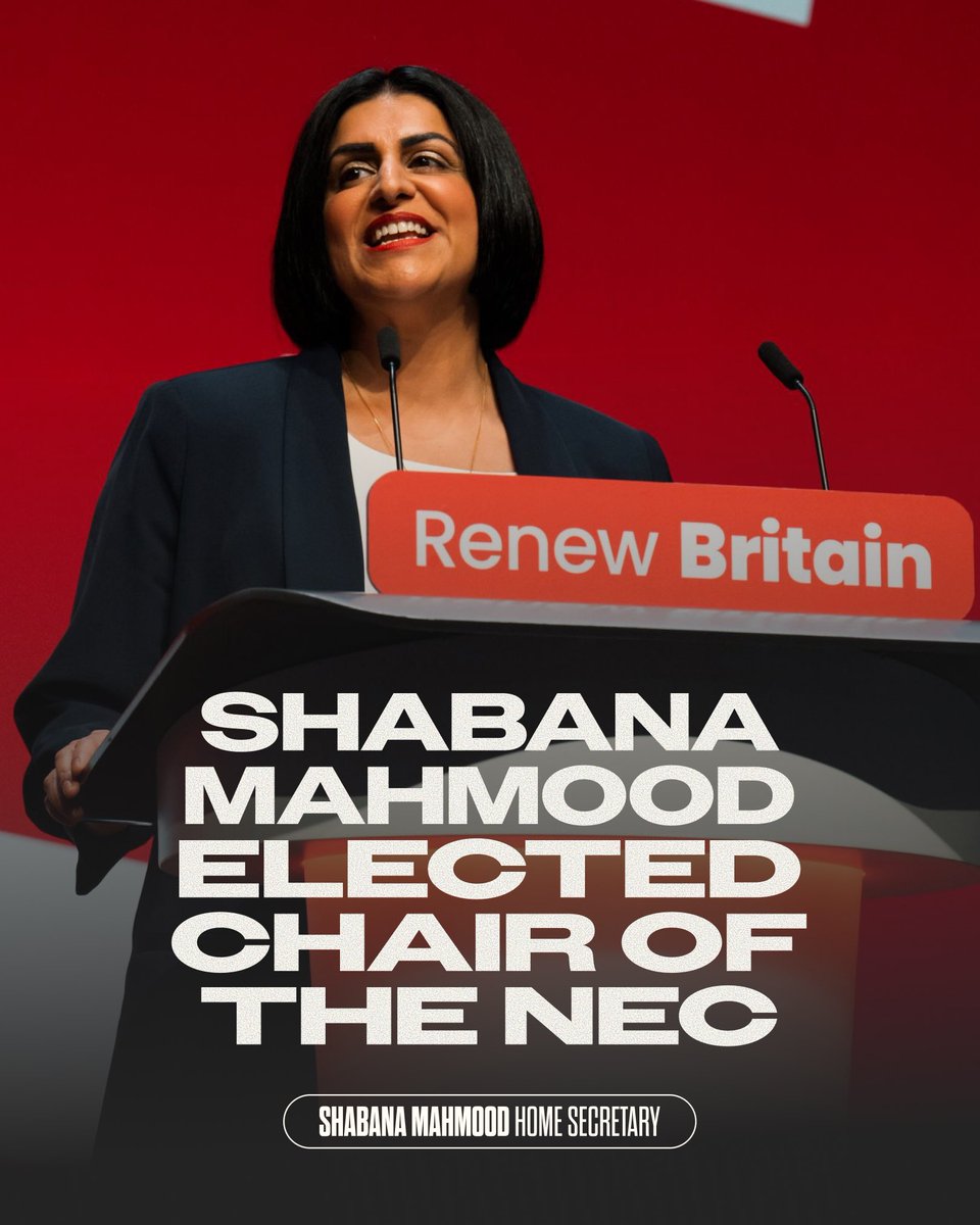Shabana Mahmood MP (@shabanamahmood) on Twitter photo I am honoured to have been elected Chair of Labour’s National Executive Committee today.
A huge thank you to <a href="/elliereeves/">Ellie Reeves</a> for her brilliant leadership this past year.
This party, and this Government, will renew Britain.
#Lab25 I am honoured to have been elected Chair of Labour’s National Executive Committee today.
A huge thank you to <a href="/elliereeves/">Ellie Reeves</a> for her brilliant leadership this past year.
This party, and this Government, will renew Britain.
#Lab25