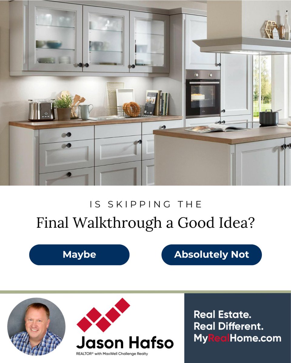 jasonhafso's tweet image. The final walkthrough is your last chance to inspect the home before closing. Use this step to confirm that all agreed-upon repairs are complete, fixtures and appliances are in place and working, and the property is in the condition expected.

#finalwalkthrough #JasonHafso