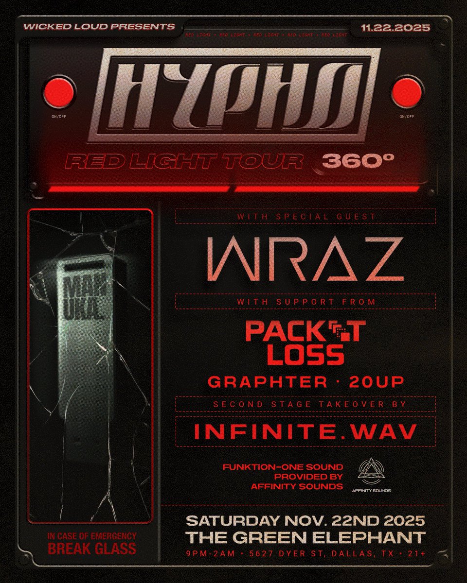 🚨🔊Show Announcement 🔊🚨

Hypho and the Red Light Tour for a special 360° set to the Green Elephant in Dallas on Saturday Nov 22nd. 

With special guest Wraz making his Dallas debut, &amp; the return of The Certified Crews own  Packet Loss, dancefloor. No fluff. No ego. Just sound