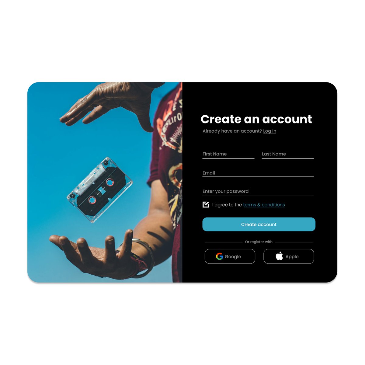 I've never made a sign up page before, this is my first time and i really like it!

Instead of going with the typical plain white background, i've decided to split the page into two halves, one visual, one functional.