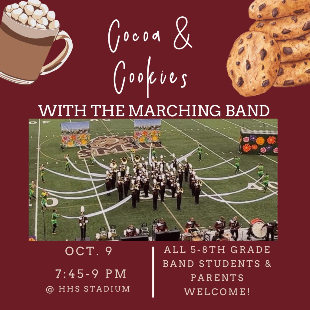 HSDAdventure's tweet photo. 🍪☕ Cocoa &amp; Cookies Night! 🎺 Join us Oct 9 from 7:45–9 PM at HHS Stadium to watch the Harrisburg Marching Band rehearse &amp; discover what makes this group shine. Family fun + sweet treats included! https://t.co/i5iuL2ALQb