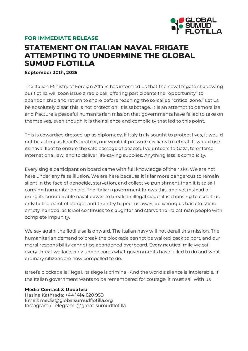 SuppressedNws1's tweet photo. ⚡️🇮🇹BREAKING:

The Italian Navy announced that it will stop escorting the flotilla to Gaza once it approaches within 150 nautical miles of the coast, in an attempt to prevent a diplomatic incident with Israel.

The Sumud Flotilla stated: the Italian Foreign Ministry informed us that the frigate accompanying the flotilla will issue a call allowing participants to return to shore before reaching the “critical zone.” What Italy is doing is not protection but sabotage, an attempt to foil the mission, acting as a tool in Israel’s hands instead of protecting the volunteers.

Meanwhile, the Israeli Navy is preparing to seize the largest convoy aimed at breaking the siege on the Gaza Strip, which consists of 50 ships and hundreds of activists and volunteers from 44 nationalities.