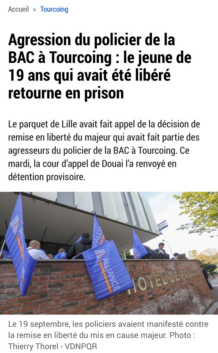 vanhemelryckfab's tweet photo. Il est là où il doit être !

Enfin une décision de Justice de bon sens !!!

Alliance police nationale exige des peines minimales pour ceux qui agressent les Policiers !

Un Policier agressé = une cellule ouverte ! La prison doit redevenir la règle, pas l’exception !

#Tourcoing 

https://t.co/hYkq8lHMhQ