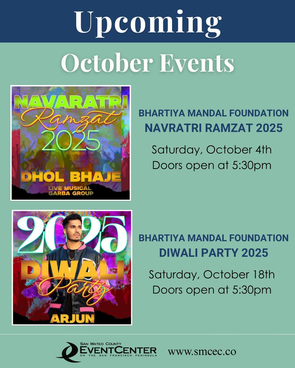 sanmateoevntctr's tweet photo. Looking for something fun to do this October? Check out these upcoming events.

Navratri Ramzat 2025
📅Saturday, October 4th

Diwali Party 2025
📅Saturday, October 18th

🎟️Tickets &amp; info: https://t.co/4zkQ4LWKo7 https://t.co/j918XTn0qC