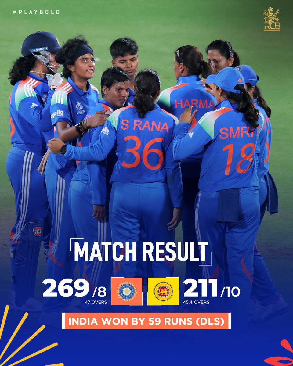 Game ONE, Game WON! 😎

🇮🇳 crush 🇱🇰 to script a dream start sparking an early Vijayadashami cheer! 🤩

#PlayBold #ನಮ್ಮRCB #CWC25 #INDvSL