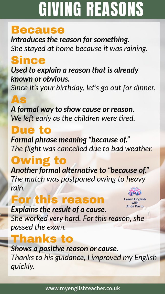 MyLinguaAcademy's tweet image. Linking words for giving reasons in English
#learnenglish #FCE #CAE #IELTS
